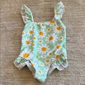 Girls Daisy Print Ruffle One-Piece Swimsuit - Mint & White